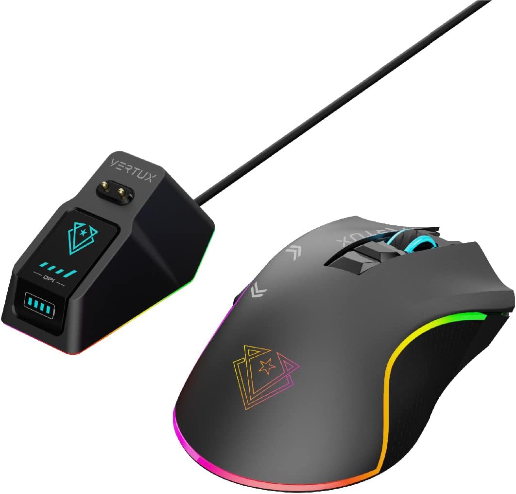 Vertux Mustang Wireless Gaming Mouse Charging Dock 1000 DPI Optical Sensor 7 Programmable Buttons RGB Light Wireless Gaming Mouse Long Battery Gaming Mouse Black Vertux Mustang Wireless Gaming Mouse Charging Dock 1000 DPI Optical Sensor 7 Programmable Buttons RGB Light Wireless Gaming Mouse Long Battery Gaming Mouse Black